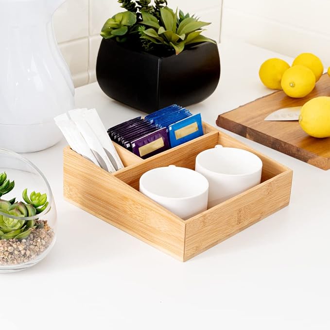 Restaurantware-8.3 x 8.3 x 2 Inch Coffee Condiment Organizer, 1 Square Creamer Organizer - 3 Compartments, Break-Resistant, Bamboo Coffee Accessory Caddy, Won't Chip, For Sugar Packets And Creamers - Image 8