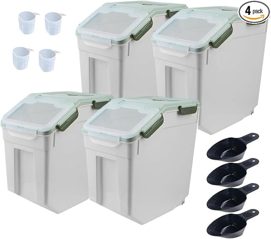 Large Flour Storage Container Bin 25lb, 4Pack Airtight Rice Storage Containers with Wheels Seal Locking Lid, BPA Free with Measuring Cup&Scoop for Flour, Rice, Grain(Green) by Qiveno