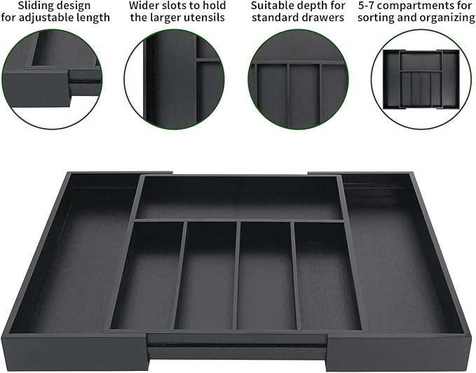 VaeFae Bamboo Drawer Organizer, Large, Black | Cutlery Drawer Holder, Drawer Divider for Silverware, Flatware，43 cm D x 32-55 cm W, 5-7 Slots, Black - Image 4