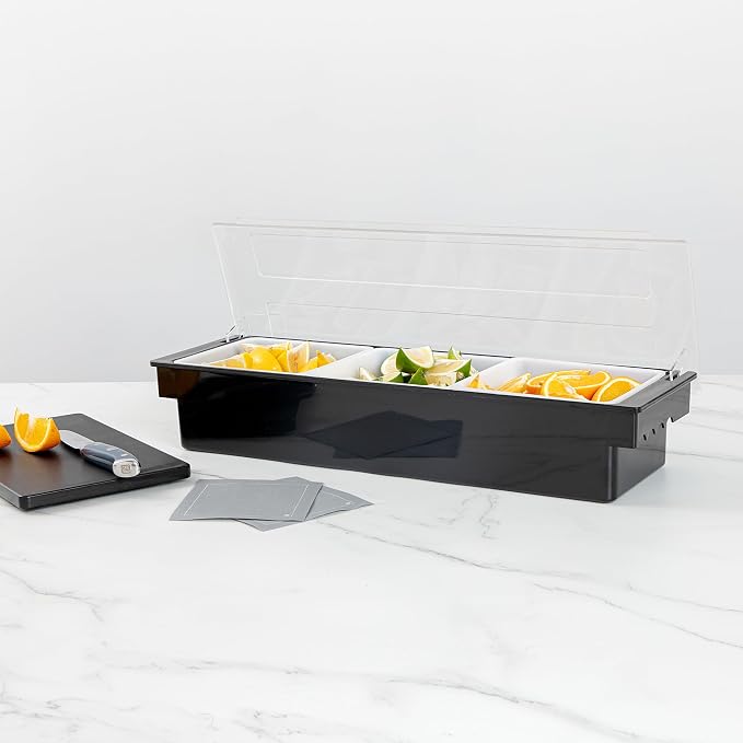 Restaurantware Bar Lux 19.6 x 6.3 x 3.7 Inch Condiment Caddy 1 Durable Bar Caddy - 3 Removable Compartments Built-In Lid Black Plastic Condiment Holder For Restaurant Store Cocktail Garnish - Image 4