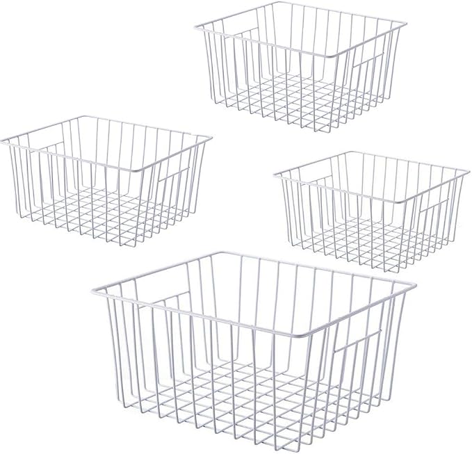 Freezer Wire Baskets, Kitchen Storage Organizer Bins for Chest and Upright Freezer, Refrigerator Dividers Containers with Handles - Pearl White (4) by Y.Z.Bros