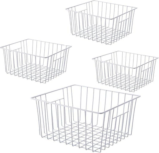 Freezer Wire Baskets, Kitchen Storage Organizer Bins for Chest and Upright Freezer, Refrigerator Dividers Containers with Handles - Pearl White (4) by Y.Z.Bros