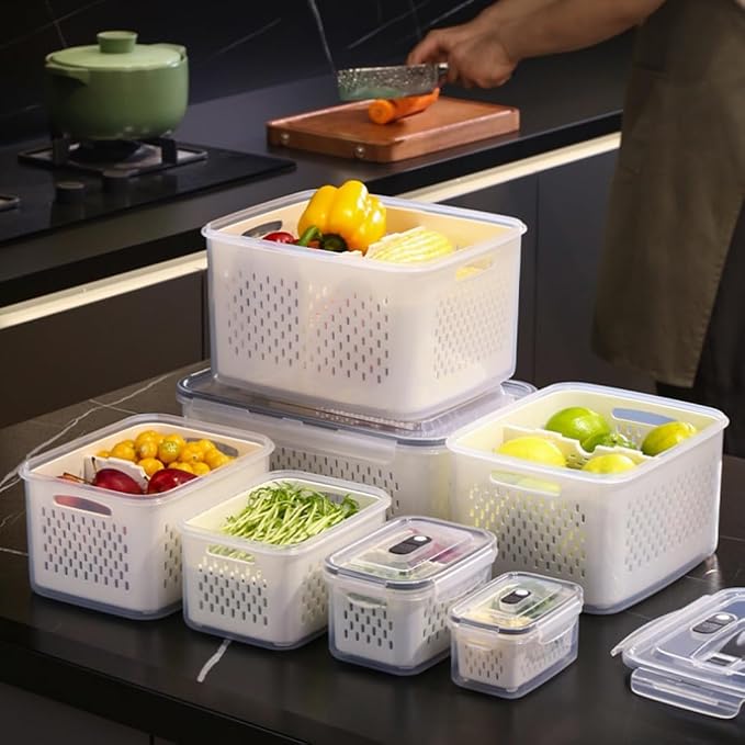 2026 New 4 in 1 Food Storage Container, Fruit Storage Containers for Fridge, Including Drain Basket, Produce Storage Containers with Lid and Strainer (S+M+L) - Image 7