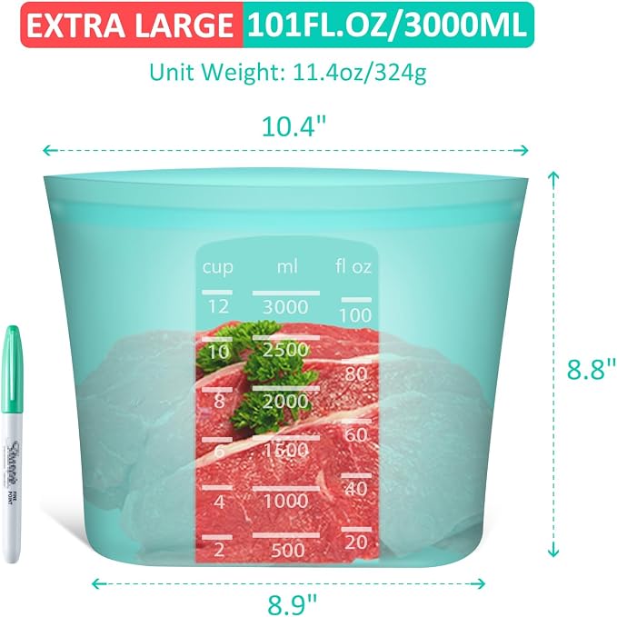 Reusable Food Storage Bags Extra Large, 0.8 Gallon/101 fl.oz/3000 ml, 4 Pack 100% Silicone Food Storage Bags Stand-Up Wide-Mouth Zip-Lock for Large Items, Freezer Microwave Oven Dishwasher Safe, Aqua - Image 3