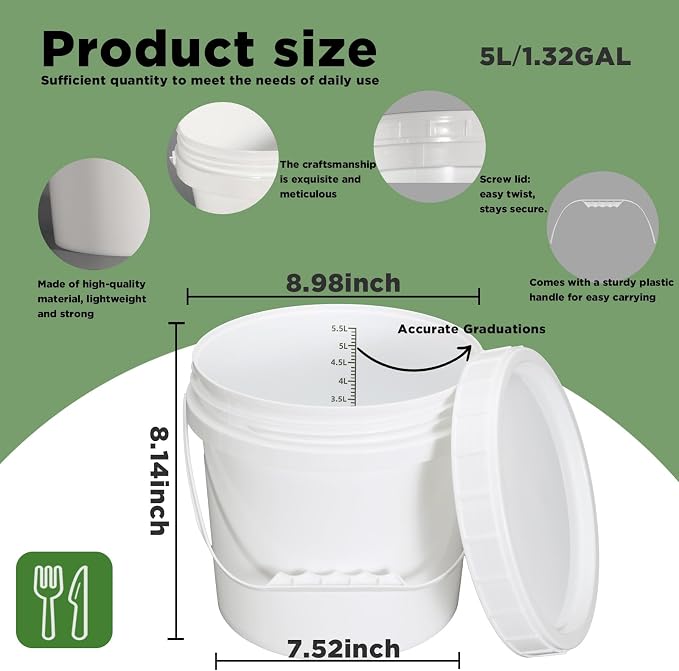 4 Pack 1.3 Gallon White Plastic Storage Buckets with Screw Lids, Food Grade Container with Measurement Markings, Reusable Small Container - Image 2