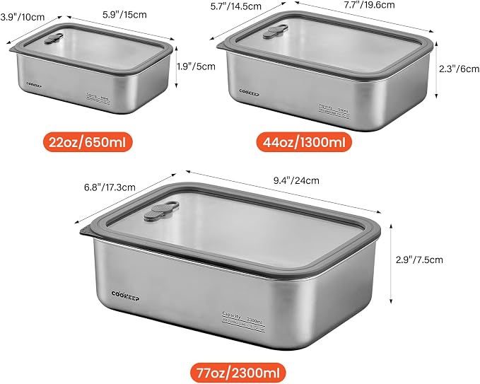 3Pcs Stainless Steel Food Containers,Stainless Steel Containers with Lids,Snack Containers,Lunch Box,Easy Clean,Airtight&Leakproof for Kitchen Storage,Dishwasher Safe,BPA-Free (22oz+44oz+77oz) - Image 2