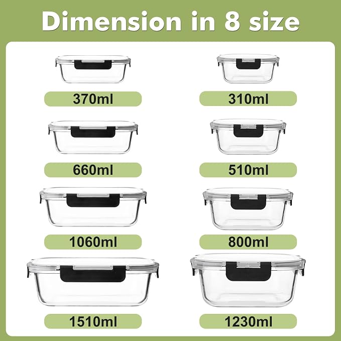 Liuruiyu 8 Pack Glass Food Storage Containers with Lids, Meal Prep Containers, Airtight Bento Boxes with Leak Proof Locking for Microwave, Oven, Freezer and Dishwasher, BPA Free - Image 9