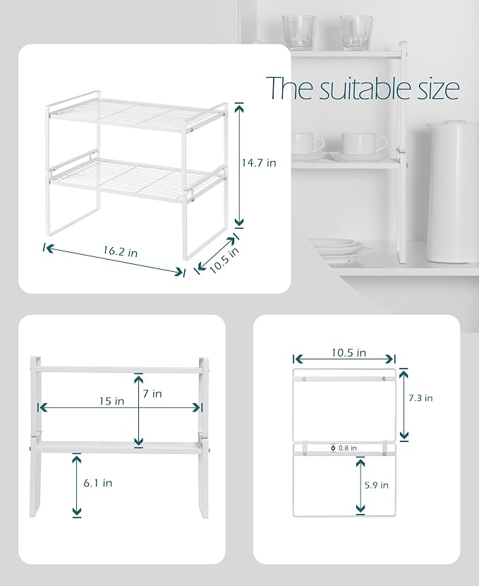 Shantton Cabinet Shelf Organizer, Pantry Shelf Rack, White 16.1x10.6x7.3 | 2-Pack Stackable Metal Riser Holds 40LBS with Non-Slip Feet for Kitchen Pantry Bathroom Countertop Freezer Cupboard - Image 3