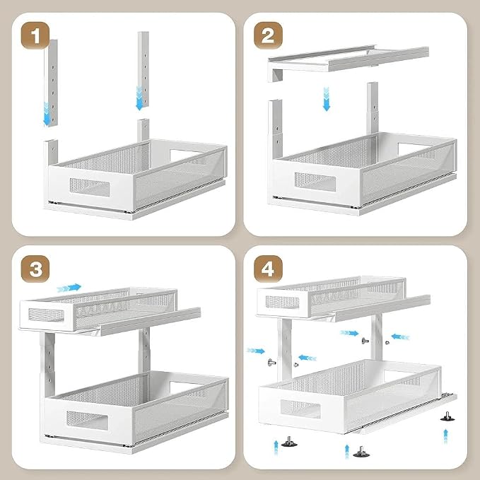 2 Pack 18.5IN-Depth Under Sink Organizer With Next-Gen Ball-Bearing Slides,2-Tier Pull Out Cabinet Storage,Height Adjustable Drawer Shelf for Bathroom,Kitchen,Laundry,Cabinet,Pantry-White - Image 5