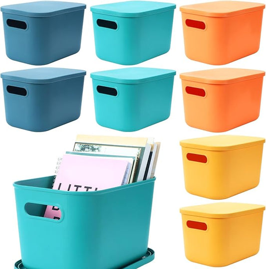 8 Pieces Colorful Storage Bins with Lid, Plastic Storage Basket Organizing Container Stackable Box with Handle for Shelves Desktop Playroom Office(10.2 x 7 x 6.3 Inch,Multi-colored) by Hoolerry