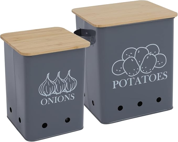 Kitchen Vegetable Storage Tins Set of 2, Onion and Potato Storage Bins with Wooden Lid and Aerating Holes, Garlic Bin Caddy, Vintage Kitchen Decor, Grey by Gdfjiy