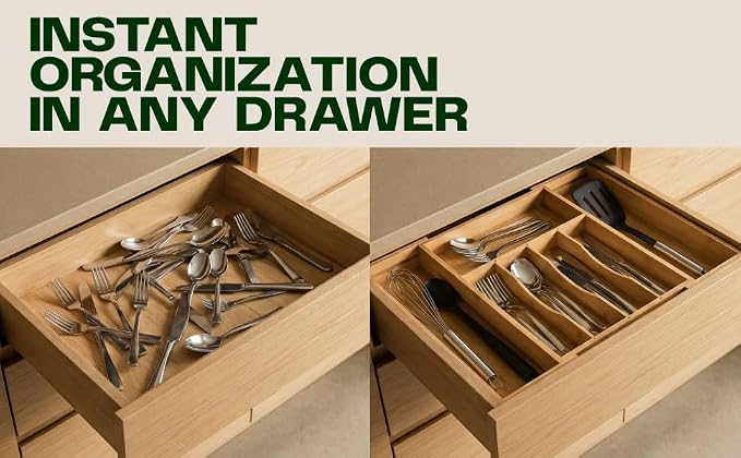 Expandable Bamboo Silverware Drawer Organizer, Utensil Holder Tray | 6 Compartments, 3 Movable Dividers, Fits 11.9-20.8 in Wide, Non-Slip Base, Cutlery & Flatware Caddy for Kitchen, Bath, Office - Image 8