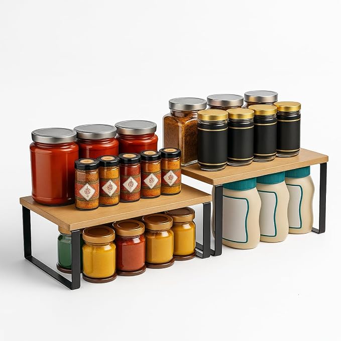 Sben Cabinet Organizer Shelf, Set of 2 Kitchen Counter Shelves, Kitchen Storage, Spice Rack, Stackable, Expandable, Metal and Engineered Wood, Ink Black and Natural Beige - Image 6