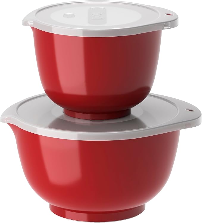 Rosti Margrethe Set of 2 Plastic Mixing Bowls - 2 Lids Included - Airtight Salad Bowls - 1.5 Litre and 3 Litre, Red by Rosti