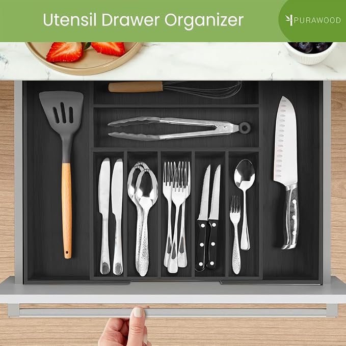 Purawood Bamboo Drawer Organizer - Expandable Silverware Organizer & Utensil Organizer, Cutlery Tray with Dividers, 7-9 Slots - Premium Kitchen Drawer Organizer for Utensils & Flatware (Black) - Image 5