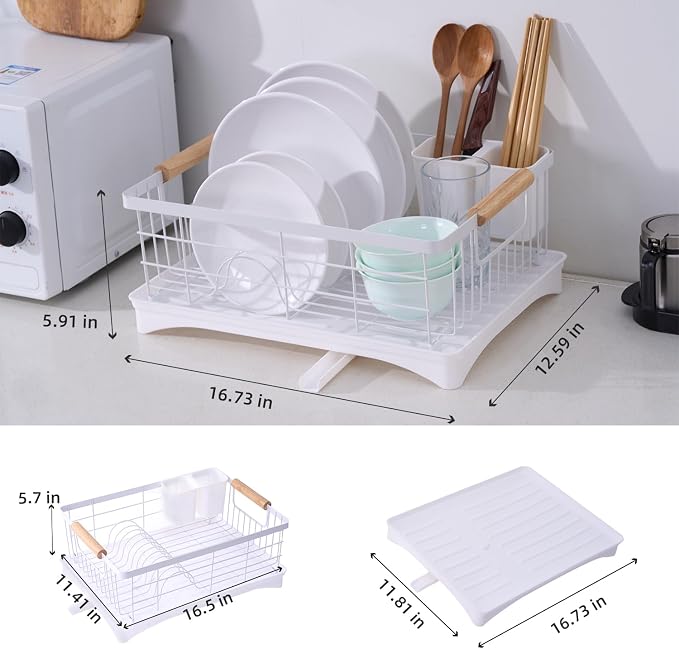 Dish Drainer Rack - Plate, Cutlery, Pots, and Pans Drying Rack for Kitchen with Beechwood Handles - Modern Retro Design Drip Tray with Metal Rack - White - Image 2