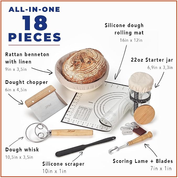 Sourdough Starter Kit all-in-one 18PCS, Premium Sourdough Bread Baking Supplies, Banneton Bread Proofing Basket Round 9in Hand-made, Sourdough Starter Jar 22OZ, Baking Gift Set, Italian Design - Image 3
