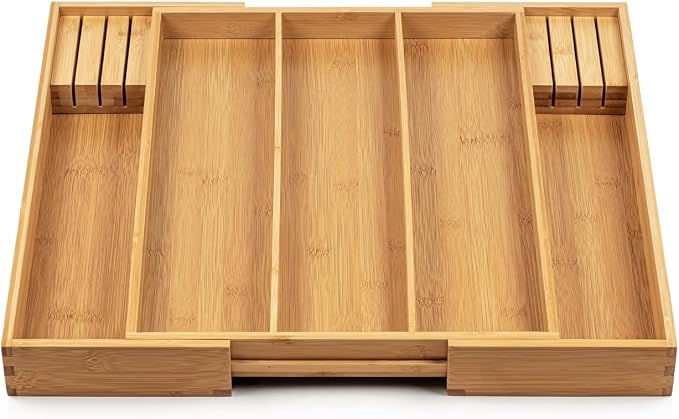 Purawood Kitchen Drawer Organizer with Knife Blocks - Utensil Drawer Organizer for Kitchen, Cutlery Tray & Silverware Organizer, 3-5 Slots - Bamboo Organizer for Utensils & Flatware (Natural) - Image 3