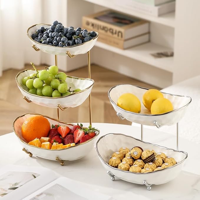 White Fruit Bowl with Gold Metal Stand, 3 Tier Modern Ceramic Fruit Bowl Fruit Rack for Kitchen Counter, Tiered Fruit Basket for Snacks Bread Candy Storage (White,3 Tier) - Image 4