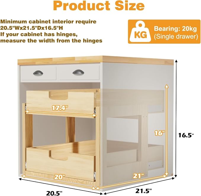 Pull Out Cabinet Organizer, 20''W×21''D Sliding Drawers for Cabinets, 2 Tier Soft Close Slide Out Wooden Pull out Drawers, Base Cabinet Organization for Kitchen, Pantry - Image 2