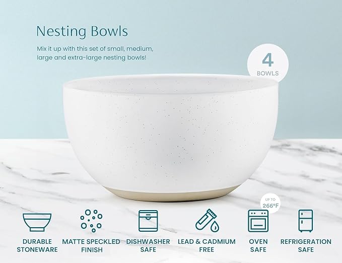 KooK Mixing Bowls, Ceramic Nesting Bowls, Stoneware Kitchen Bowls, For Prep, Serving, Dishwasher Safe, 18/40/90/140 oz, Set of 4, Moonstone - Image 6