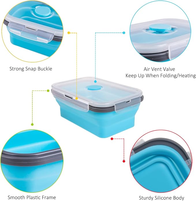 Collapsible Food Storage Containers with Airtight Lid, 27 oz, Kitchen Stacking Silicone Collapsible Meal Prep Container Set for Leftover, Microwave Freezer Dishwasher Safe, 4 Colors, Set of 4 - Image 4