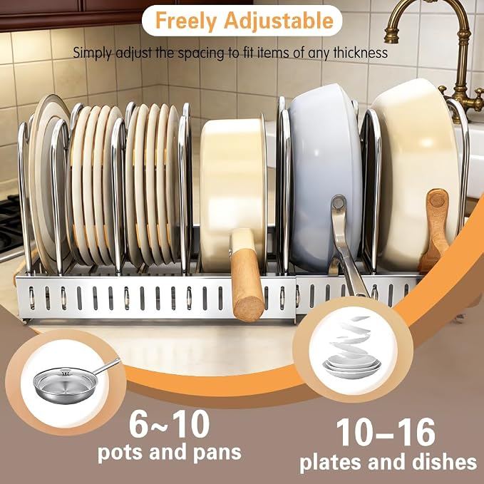 Expandable Pot and Pats Organizer for Cabinet 304 Stainless Steel, 10 Adjustable Dividers Expandable Cookware Rack for Cutting Boards Frying Bakeware, Expanded Size 22.64" Lx7.28 Wx7.68 H - Image 3