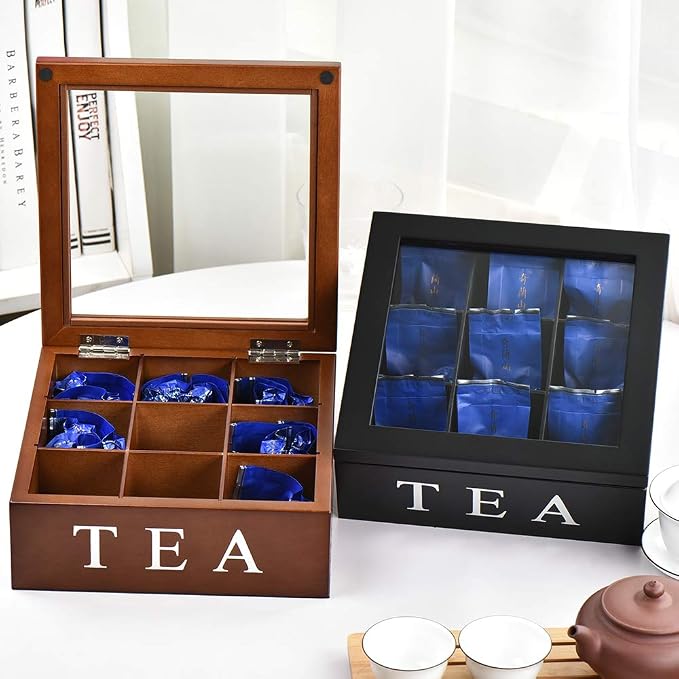 Wood Tea Storage Box, Teabag Storing 9 Compartments Wooden Tea Box Hinged Glass Lid Tea Organizer-Brown - Image 8