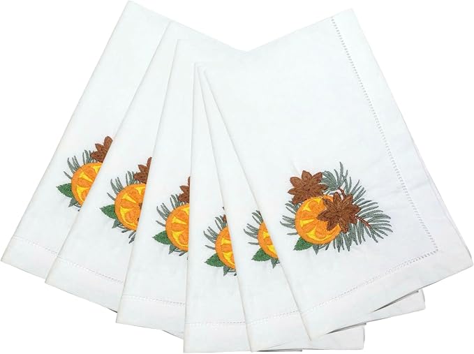 Embroidered Cloth Napkins, Set of 6 – Pine Cone, Orange & Palm Leaf Design – 20x20 Hemstitch Cotton Table Napkins – Machine Washable, Holiday & Everyday Use, Great Gift Idea by Unknown