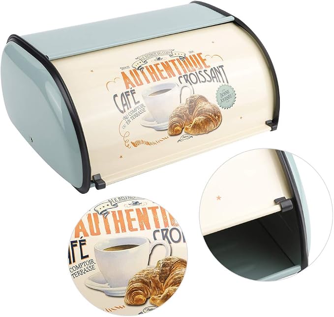 Metal Bread Storage Container, Large Capacity Vintage Roll Top Bread Box Bread Holder Bread Dispenser Kitchen Countertop Box for Kitchen Bread Storage 13.6 * 9.1 * 5.7 in (Blue) - Image 5