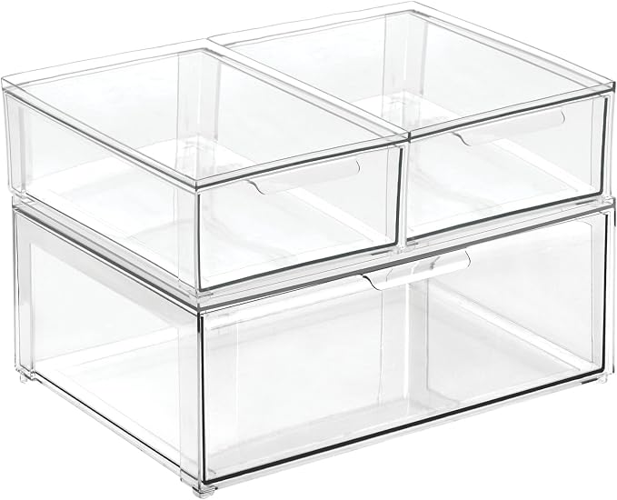 mDesign Plastic Stackable Bathroom Storage Organizer Bin Containers with Front Pull Drawer for Bathroom Countertop, Vanity, Closet Shelves - Holder for Accessories, Lumiere Collection, Set of 3, Clear - Image 7