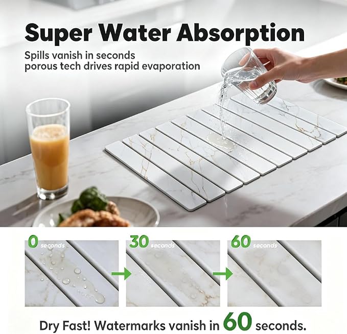 Stone Drying Mat for Kitchen Counter, Quick Diatomaceous Earth Mats for Dishes, 24"L x 16" W Super Absorbent Fast-Drying Collapsible Countertop Stone Mat (Marble Gold White, 24" x 16") - Image 5