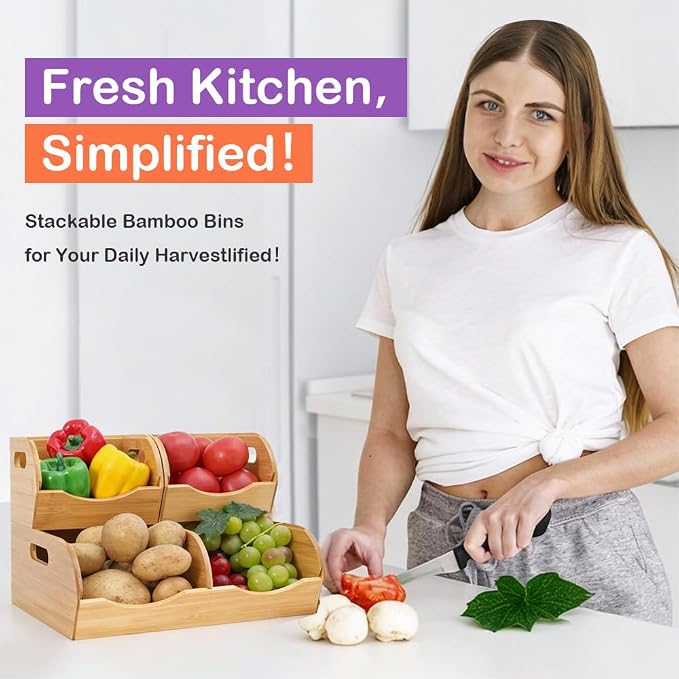 Stackable Bamboo Pantry Organizer - 3-Piece Storage Basket Set for Potato, Onion & Kitchen Cabinet, Tool-Free Assembly, Multi-Size Bins - Image 2