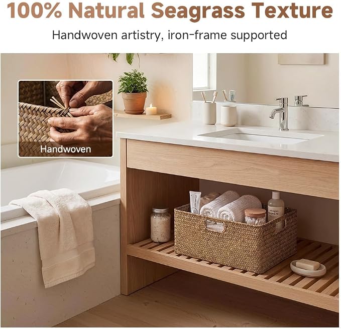 StorageWorks Extra Large Wicker Baskets for Organizing, Seagrass Baskets | Pantry Shelves, Kitchen Closet, Laundry, Bathroom, Table, Decorative, Book, Towel, Blanket, Food, Magazine, Medium, Handle - Image 5