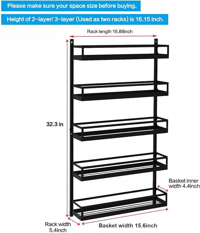 X-cosrack Wall Mount Spice Rack Organizer 5 Tier Height-Adjustable Hanging Spice Shelf Storage for Kitchen Pantry Cabinet, Dual-Use Seasoning Holder Rack with Hooks, Black-Patented - Image 8