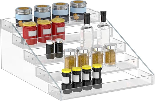 PMMASTO Widen Tiered Spice Rack, Seasoning Organizer, Clear Acrylic Vertical Shelves Can Organizer for Countertop, Cabinet, Pantry, Kitchen Organization and Storage - 5 Tier by PMMASTO