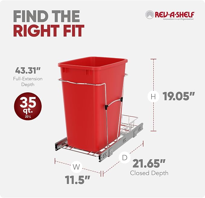 Rev-A-Shelf Pullout Trash Can for Kitchen Cabinets 35 Qt Garbage Waste Recyling Bin with Full Extension Slides, Red, RV-12KD-16C-S - Image 3
