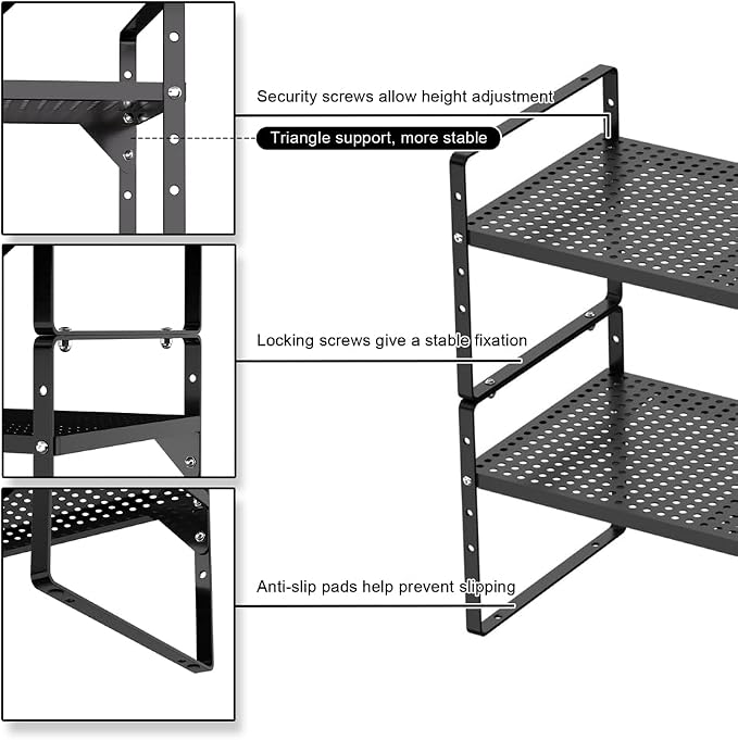 Expandable Kitchen Cabinet Shelf Organizers, Stackable Metal Pantry Storage Shelves Rack, Adjustable Counter Spice Shelf for Cabinets, Countertop, Cupboard, 2 Pack, Black - Image 5