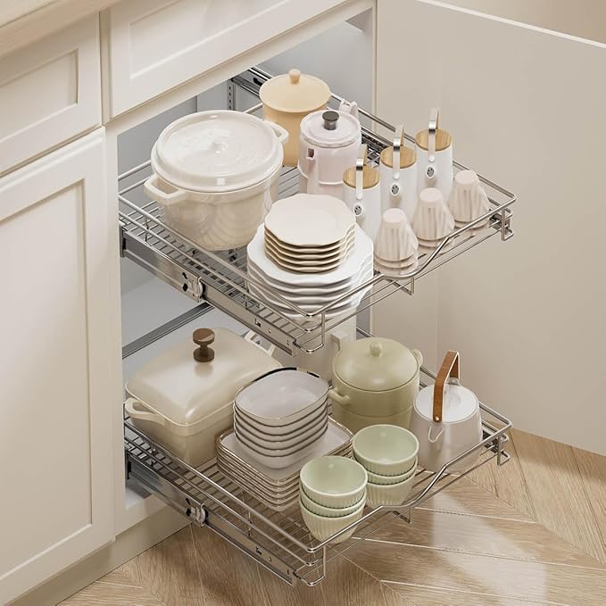 DINDON 2 Tier Pull Out Cabinet Organizer (17" W x 18" D) Heavy-Duty Metal Sliding Drawer Shelf, Two Tier Pull Out Shelves for Kitchen Cabinets, Pantry, Bathroom, Chrome Finish - Image 2