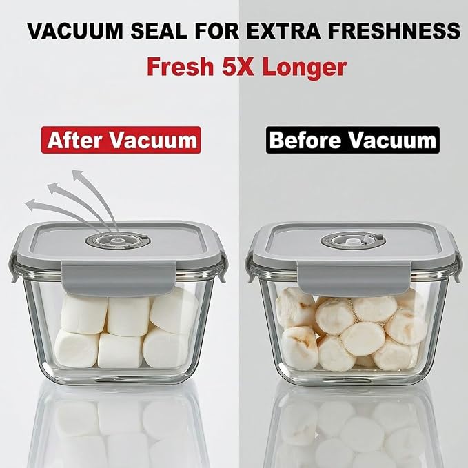 Glass Vacuum Food Storage Containers Set, 4 Pack 21 Oz 2-Compartment Meal Prep Bento Boxes with Handheld Vacuum Pump & 10 Reusable Sealer Bags for Kitchen Organization, Oven/Microwave Safe - Image 2