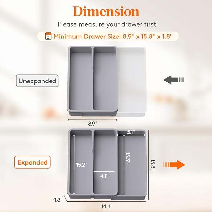 Lifewit Utensil Organizer for Kitchen Drawer, Expandable Cooking Silverware Tray, Adjustable Cutlery Flatware Holder, Plastic Spatula Tools Storage Divider, 14.4 x 15.8", Gray - Image 3