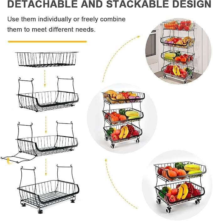 Fruit Vegetable Storage Basket, 4 Tier Stackable Metal Wire Storage Baskets with Wheels, Fruit Vegetable Produce Basket Organizer Bins for Kitchen, Pantry, Bathroom - Image 8