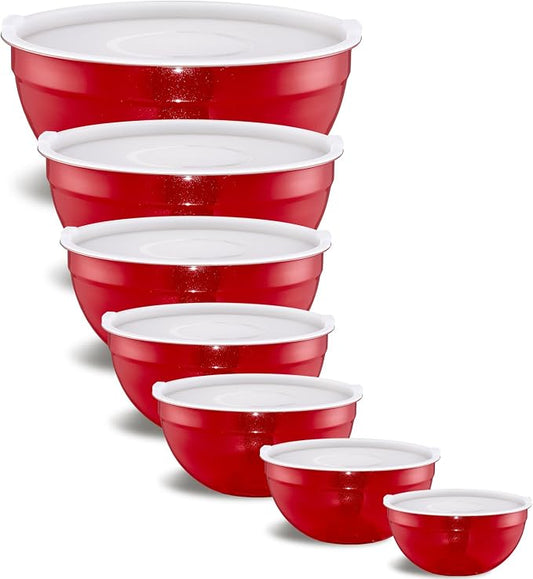 Red Mixing Bowls With Airtight Lids,Stainless Steel Bowl,Salad Bowls 7 Piece Colorful Nesting Bowl Red Kitchen Accessories,Size 7,3.6,2.7,2.1,1.5,1.1,0.8QT Stackable Design by Onlycooker