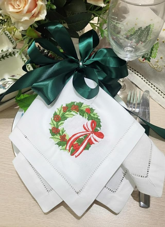 – Embroidered Cloth Napkin Holly Christmas Wreath Cotton Napkins Set of 6, 20 x 20”, Hemstitch Table Napkins, Machine Washable, Daily & Holidays, Great Gift Ideas - Image 5