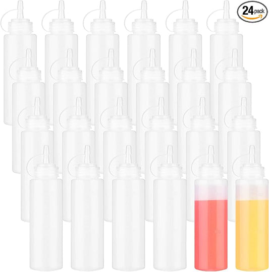 Xinnun 24 Pcs Plastic Condiment Squeeze Bottles Squeeze Leak Proof Multipurpose Squirt Bottles with Twist Top Cap for Sauces Ketchup BBQ Syrup Dressings Paint Grilling Crafts Olive Oil Arts(8 oz) by Xinnun