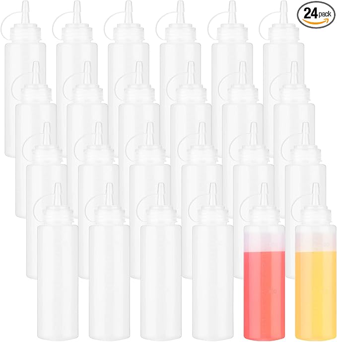 Xinnun 24 Pcs Plastic Condiment Squeeze Bottles Squeeze Leak Proof Multipurpose Squirt Bottles with Twist Top Cap for Sauces Ketchup BBQ Syrup Dressings Paint Grilling Crafts Olive Oil Arts (4 oz) by Xinnun
