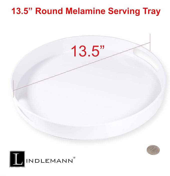White Serving Tray Large Melamine Platter Round Breakfast Trays with Handles for Coffee Table Ottoman Living Room Home Décor Holiday Celebration & Party (13.5") - Image 2