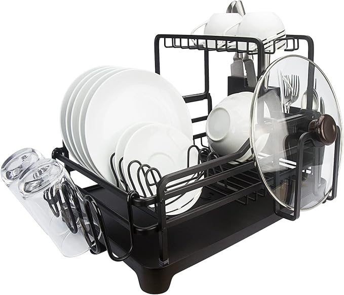 GMT-10353-A Black Aluminum Dish Drying Rack with Utensil Holder - 2 Tier Kitchen Countertop Rust Proof Dish Rack and Drainboard Set - Large Dish Organizer Rack by Evelyne