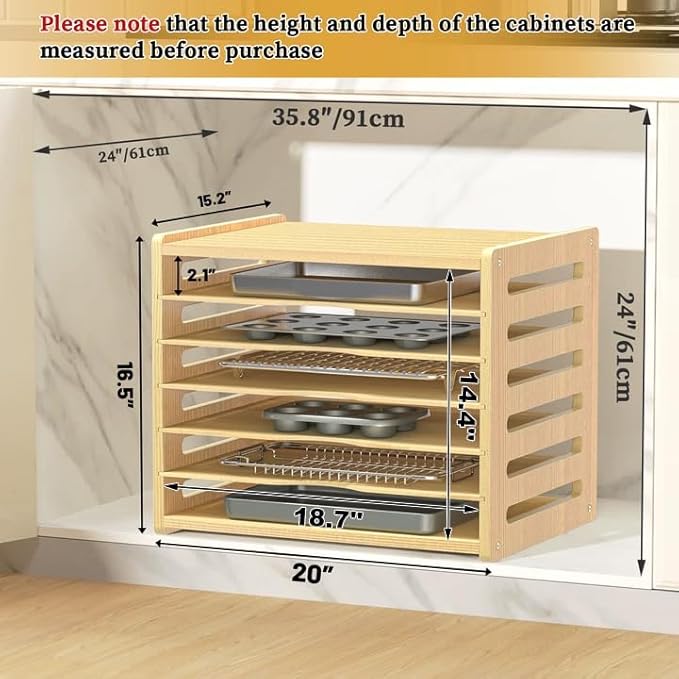 7 Tier Large Size Wooden Tray Dividers for Cabinets, Cookie Sheet Organizer | Premium Wood, Multiple Sizes, Saving Space, Vertical Tray Dividers for Storing pans, Baking trays, Cutting Board - Image 2