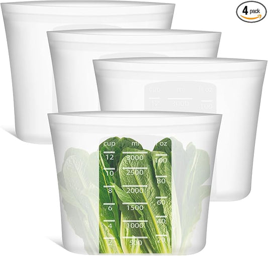Extra Large Reusable Silicone Food Storage Bags 4 Pack, 0.8 Gallon/3000ml, 100% Silicone Stand-Up Wide-Open Zip-Lock Reusable Bags for Large Items, Microwave Freezer Oven Dishwasher Safe, Translucent by SiliseaDirect